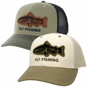 Happy Valley Fly Fishing olive and stone trucker hats with leather trout patches